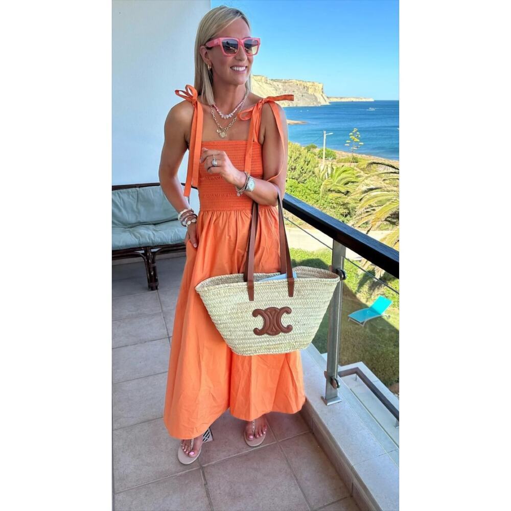 NWT COS Orange Cotton Maxi Dress Smocked Waist Tie Strap XS